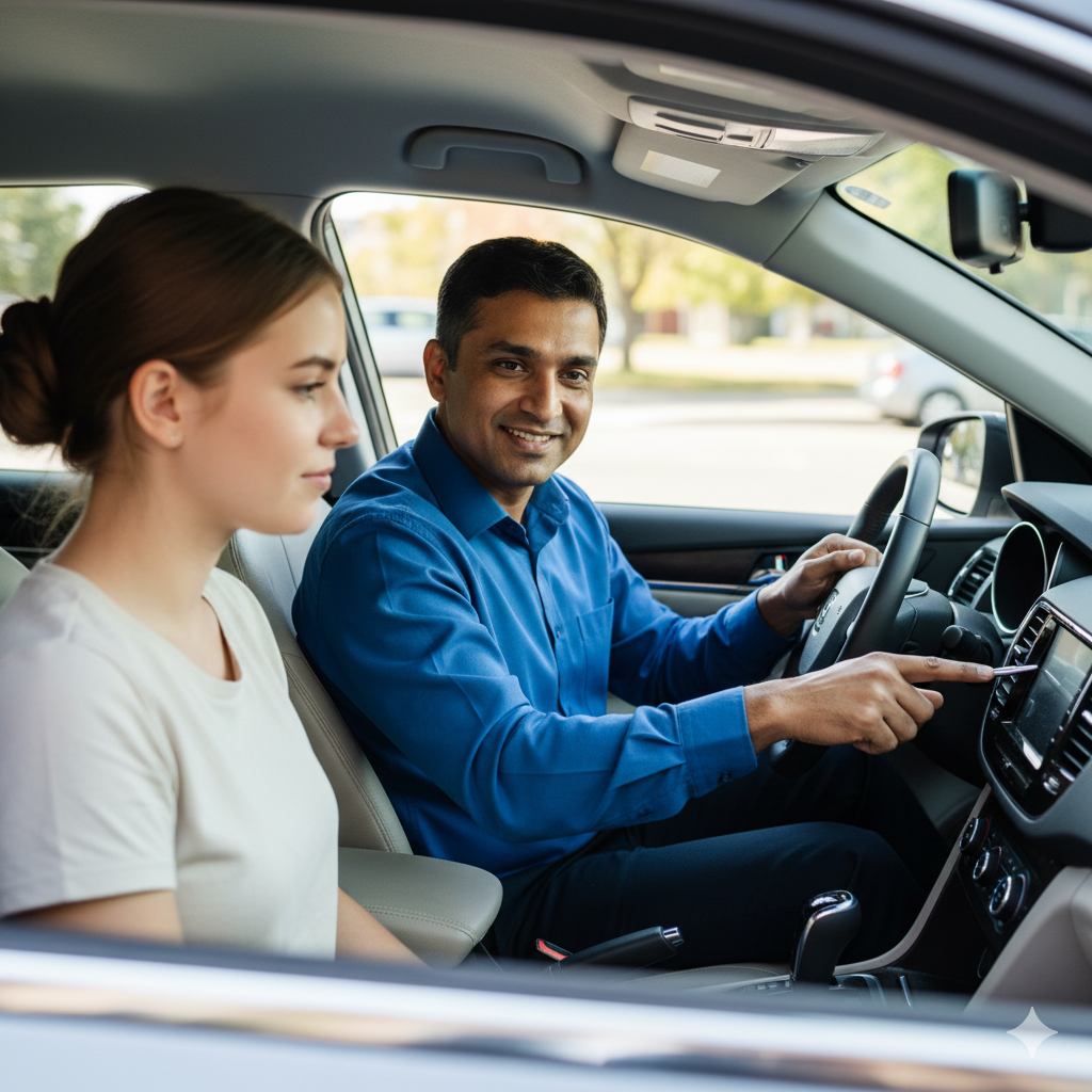 Experienced driving instructor teaching a student