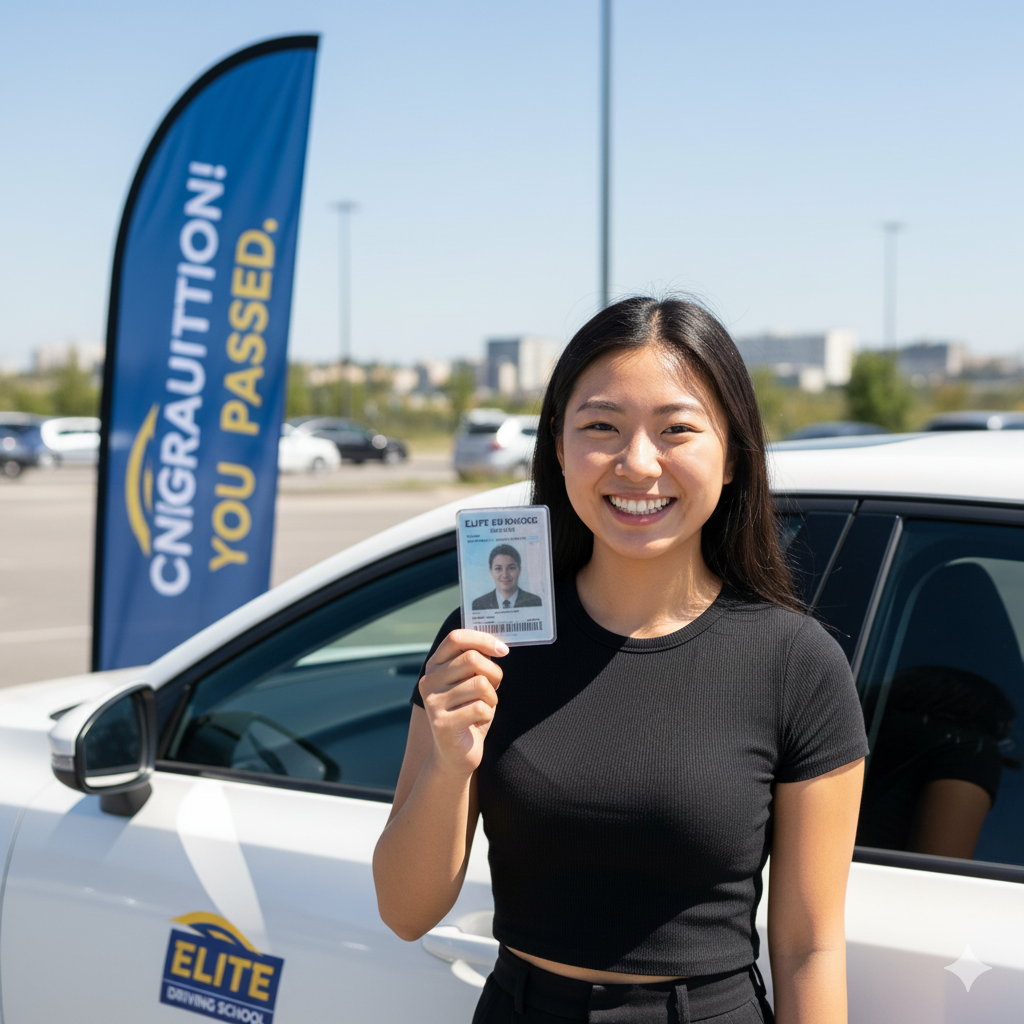 A happy student with a driving license