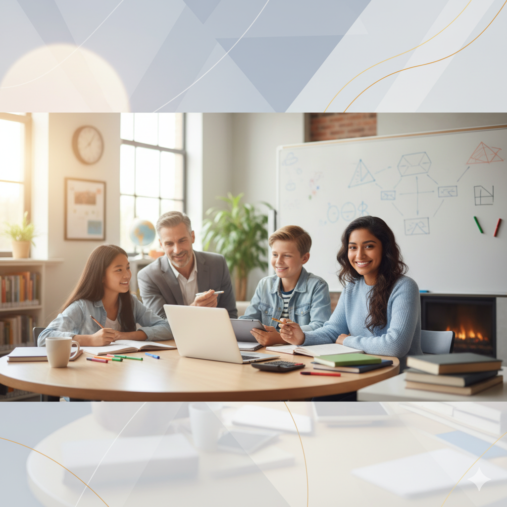 Group of students and tutor discussing